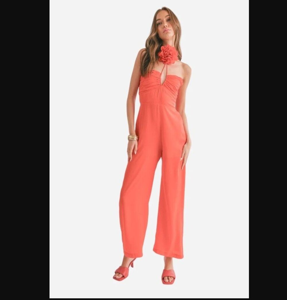 NWT Sage The Label Dream Skies Orange Halter Jumpsuit Detachable Flower- Small - Picture 14 of 16
